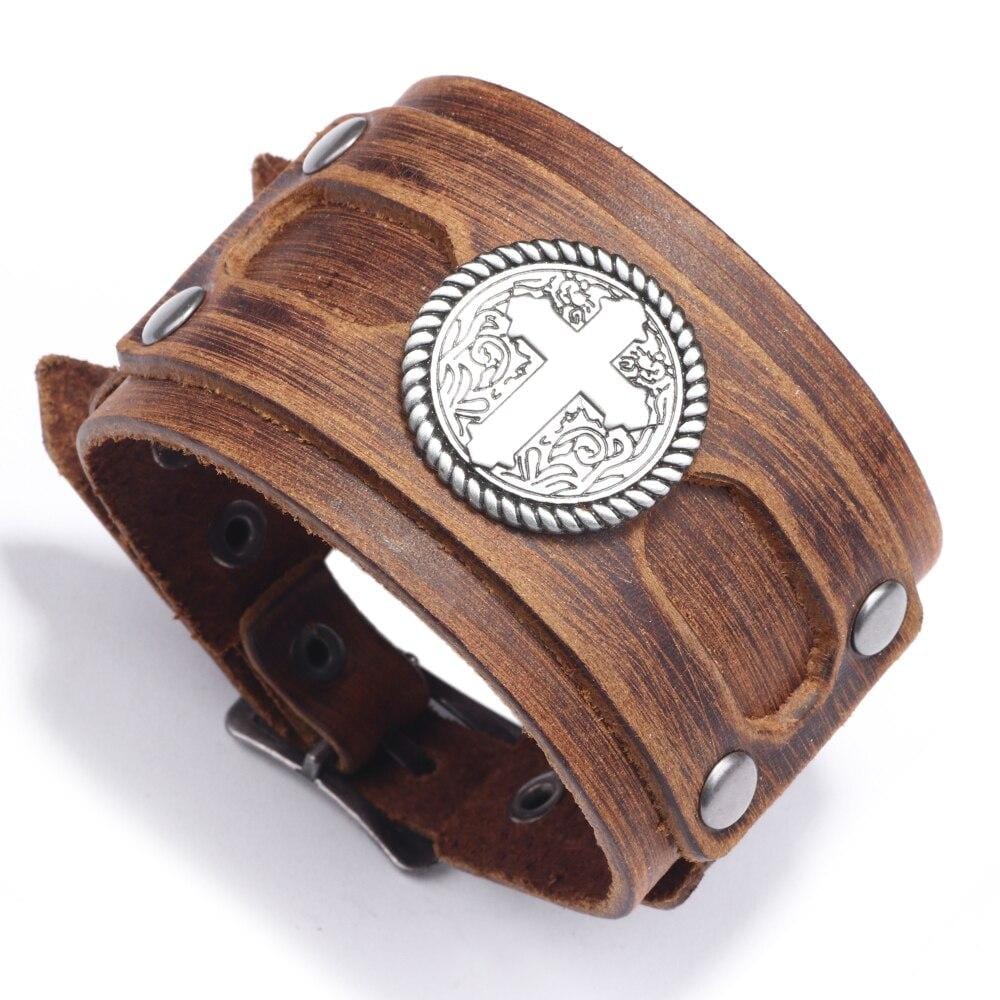 Bracelet de Force avec Croix en Cuir - Mon Bracelet Homme