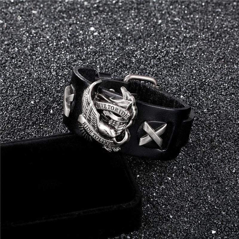 Bracelet de Force Biker Noir en Cuir - Mon Bracelet Homme