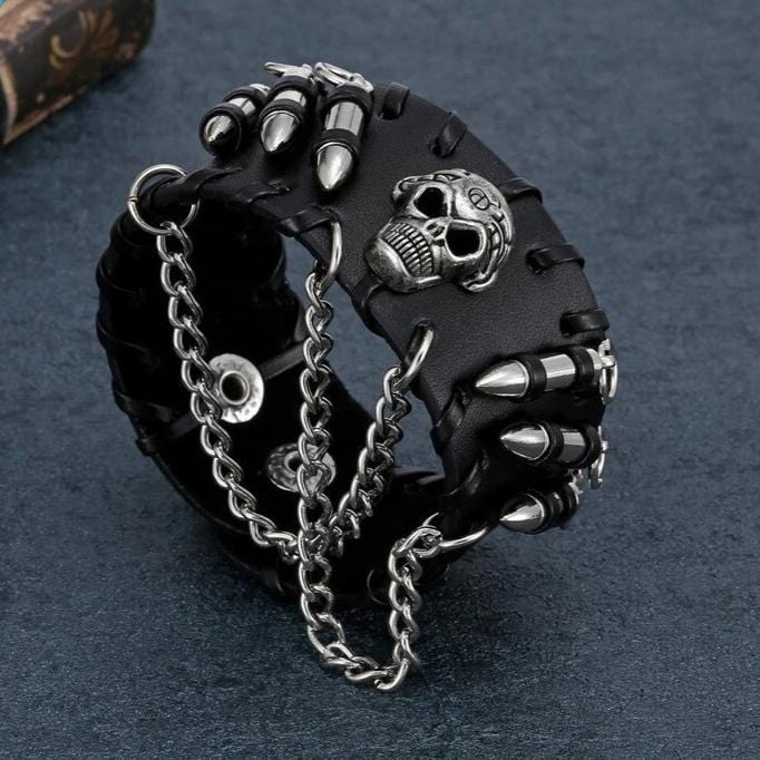 Bracelet de Force Cuir Noir Crâne - Mon Bracelet Homme