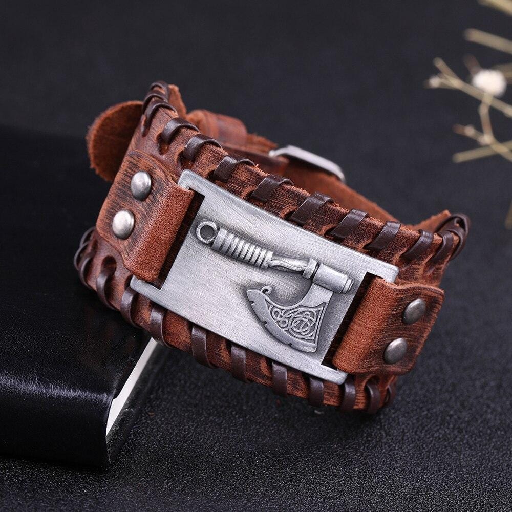 Bracelet de Force Homme Hache Viking en Cuir - Mon Bracelet Homme