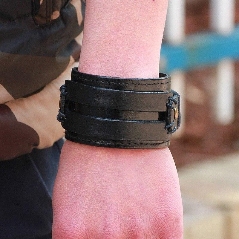 Bracelet de Force Large Noir en Cuir - Mon Bracelet Homme