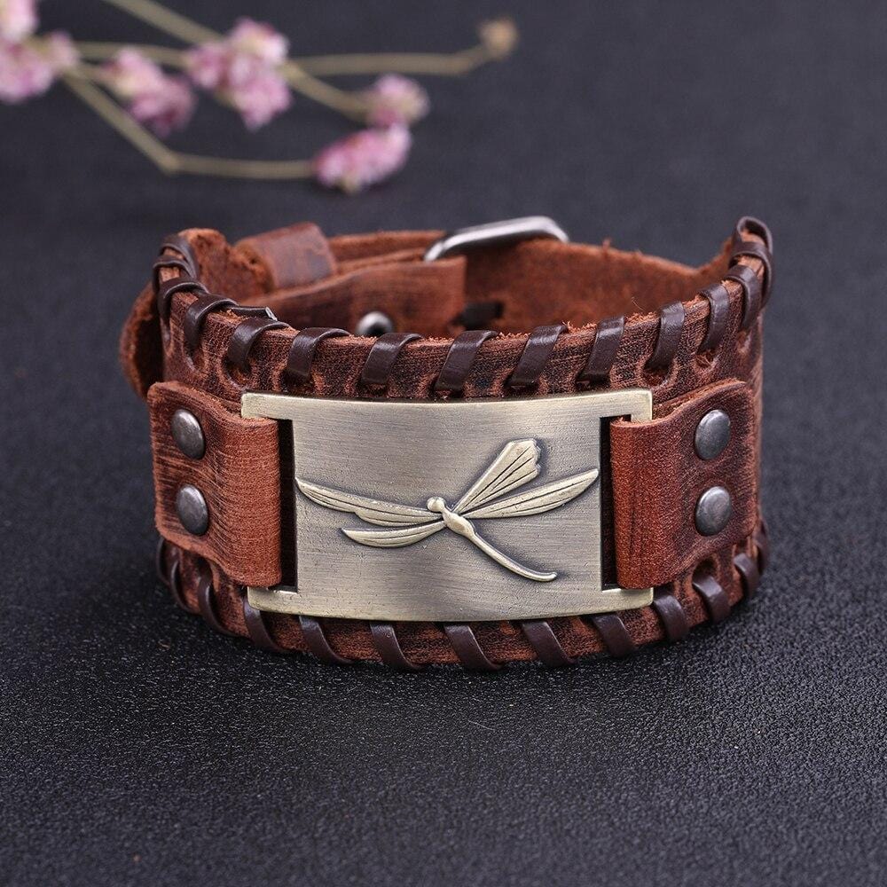 Bracelet de Force Libellule en Cuir - Mon Bracelet Homme