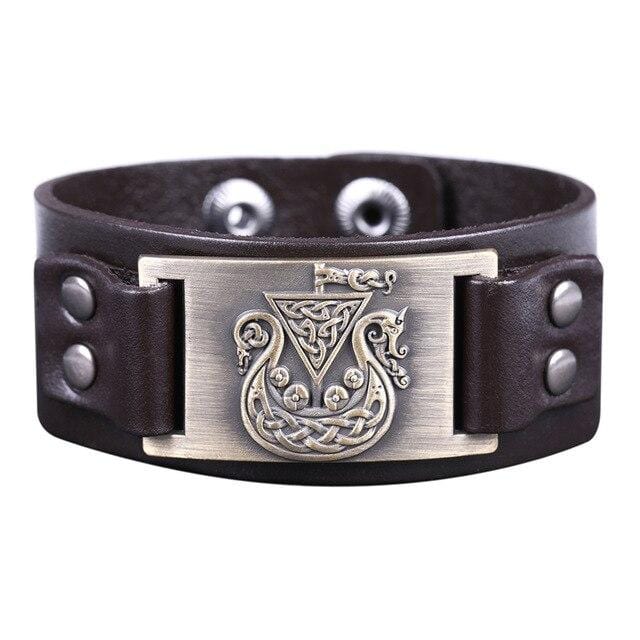 Bracelet de Force Navire Viking en Cuir - Mon Bracelet Homme