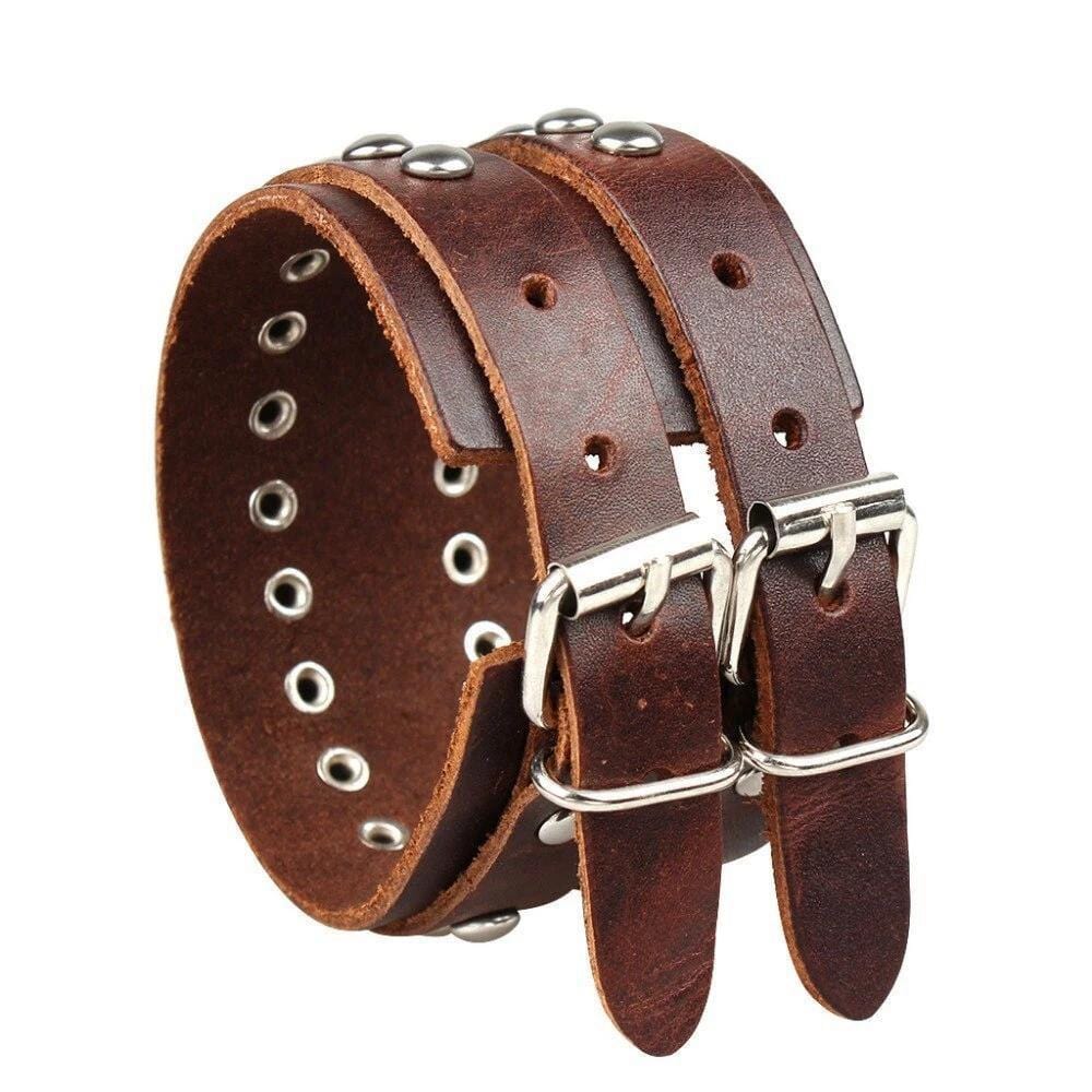 Bracelet de Force Sangle à Rivets Argentés en Cuir - Mon Bracelet Homme