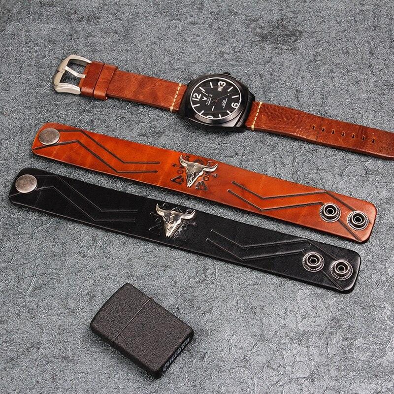 Bracelet de Force Tête de Buffle en Cuir - Mon Bracelet Homme