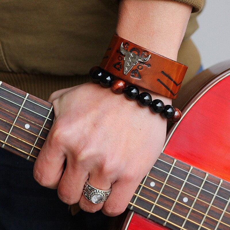 Bracelet de Force Tête de Buffle en Cuir - Mon Bracelet Homme