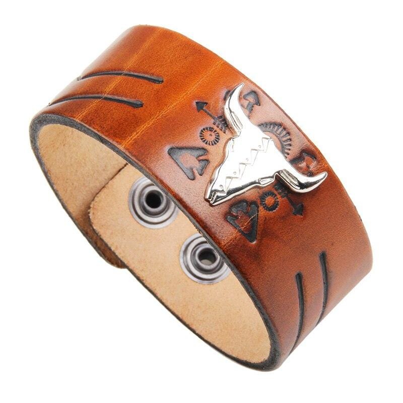 Bracelet de Force Tête de Buffle en Cuir - Mon Bracelet Homme