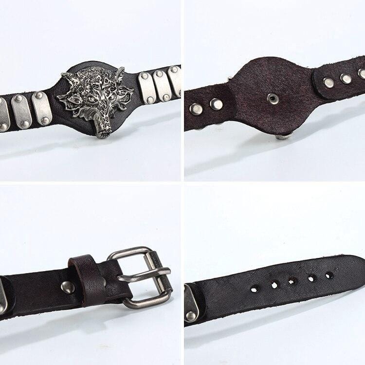 Bracelet de Force Tête de Loup en Cuir - Mon Bracelet Homme