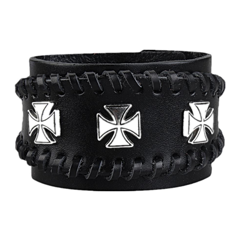 Bracelet de Force Triple Croix de Malte en Cuir - Mon Bracelet Homme