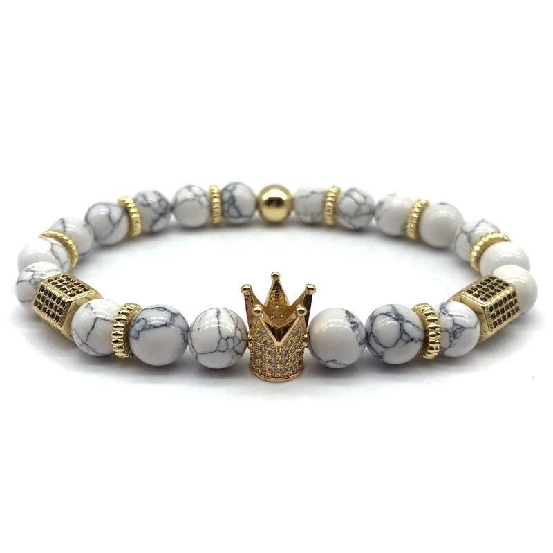 Bracelet de Perles Blanches avec Couronne - Mon Bracelet Homme