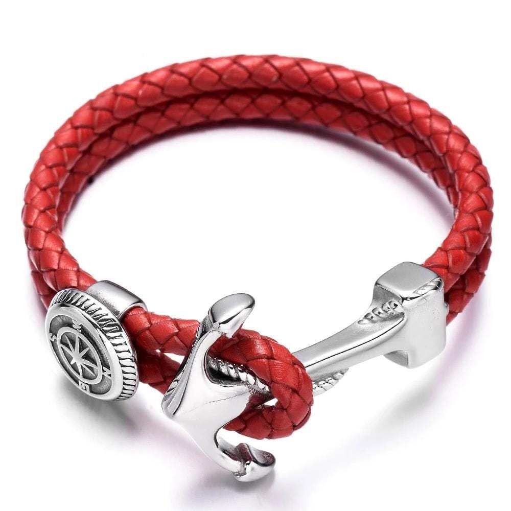 Bracelet en Cuir Tressé Rouge avec Ancre Homme - Mon Bracelet Homme
