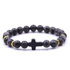 Bracelet en Perles Grises avec Croix en Pierre - Mon Bracelet Homme