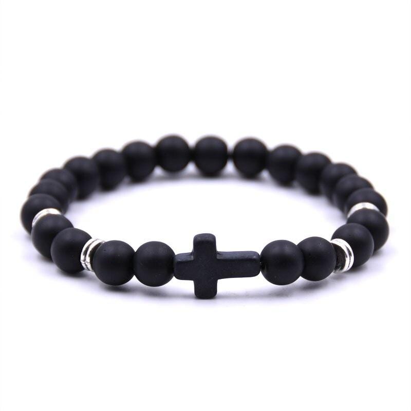 Bracelet en Perles Homme Croix Noire en Pierre - Mon Bracelet Homme