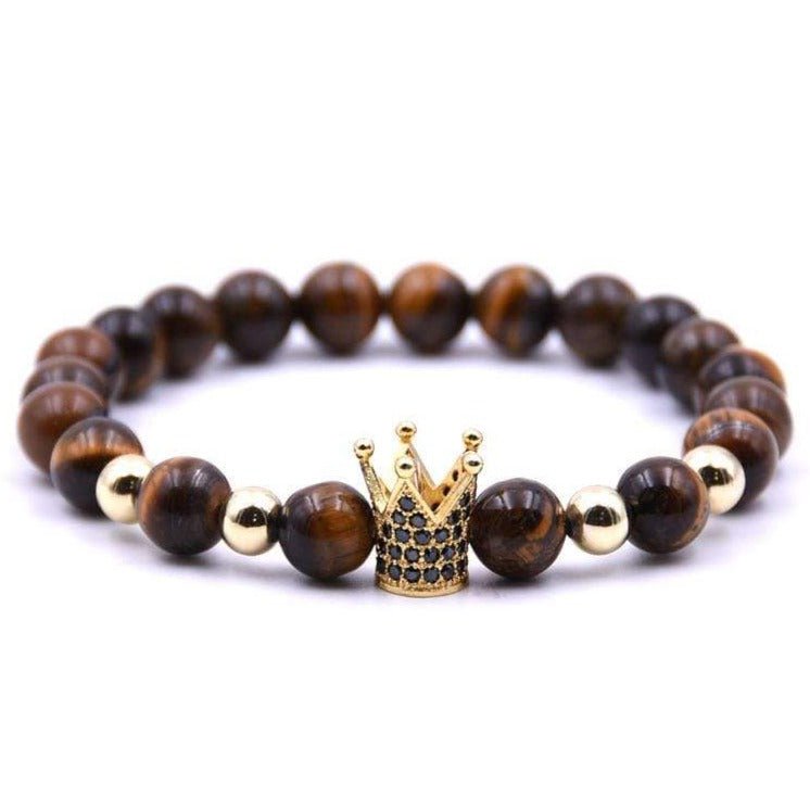 Bracelet Homme Oeil de Tigre Couronne Dorée en Perle - Mon Bracelet Homme