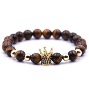Bracelet Homme Oeil de Tigre Couronne Dorée en Perle - Mon Bracelet Homme