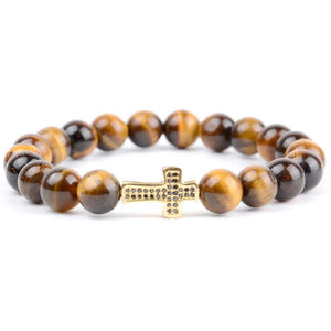 Bracelet Homme Oeil de Tigre Croix Dorée en Perle - Mon Bracelet Homme