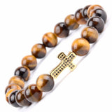 Bracelet Homme Oeil de Tigre Croix Dorée en Perle - Mon Bracelet Homme
