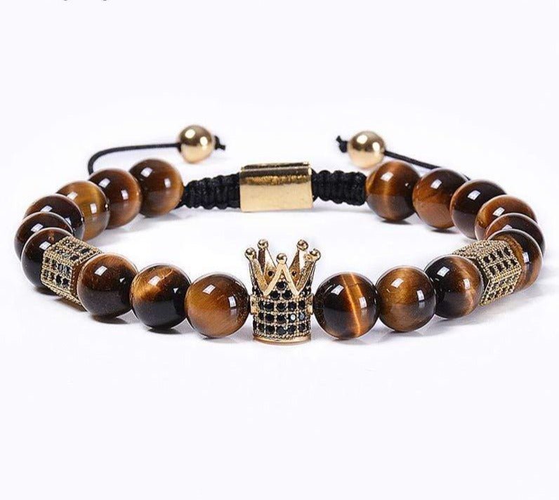 Bracelet Homme Oeil de Tigre et Couronne dorée en Perle - Mon Bracelet Homme