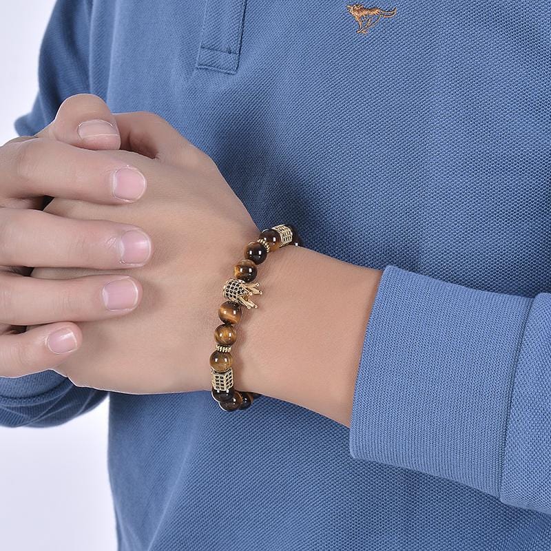 Bracelet Homme Oeil de Tigre et Couronne dorée en Perle - Mon Bracelet Homme
