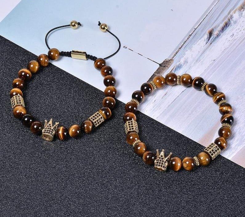 Bracelet Homme Oeil de Tigre et Couronne dorée en Perle - Mon Bracelet Homme