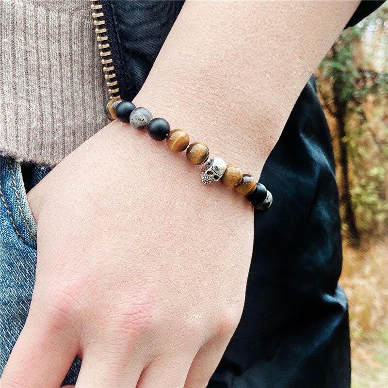 Bracelet Homme Oeil de Tigre et Crâne en Perle - Mon Bracelet Homme