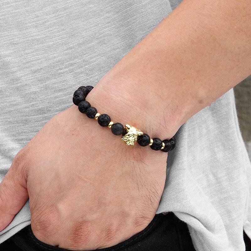 Bracelet Homme Pierre de Lave Bulldog Doré en Perle - Mon Bracelet Homme