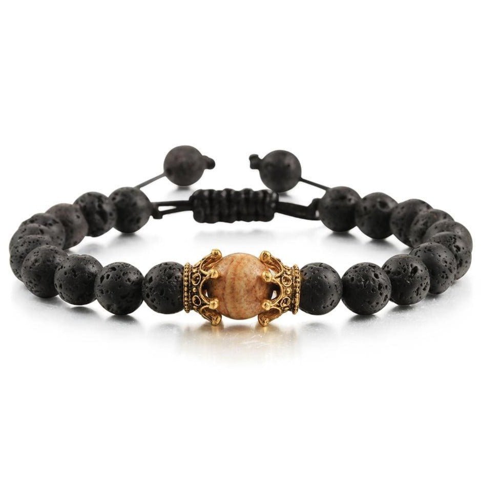 Bracelet Homme Pierre de Lave Couronne Dorée en Perle - Mon Bracelet Homme