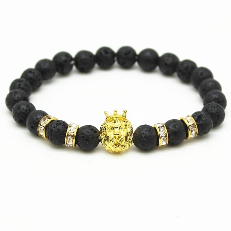 Bracelet Homme Pierre de Lave Lion Couronné en Perle - Mon Bracelet Homme