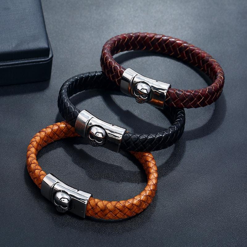 Bracelet Homme Tête de Mort Aimanté en Cuir - Mon Bracelet Homme