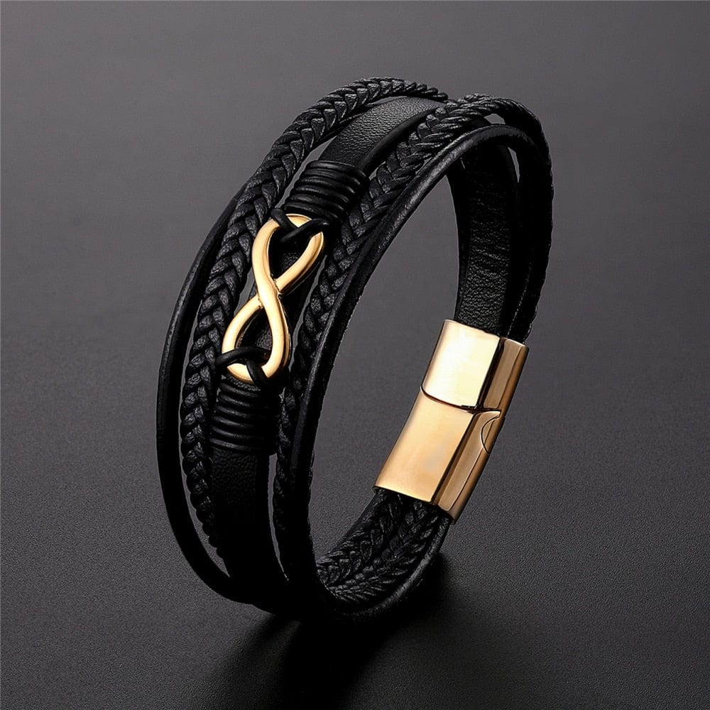 Bracelet Infini Homme en Cuir Véritable Acier Doré - Mon Bracelet Homme