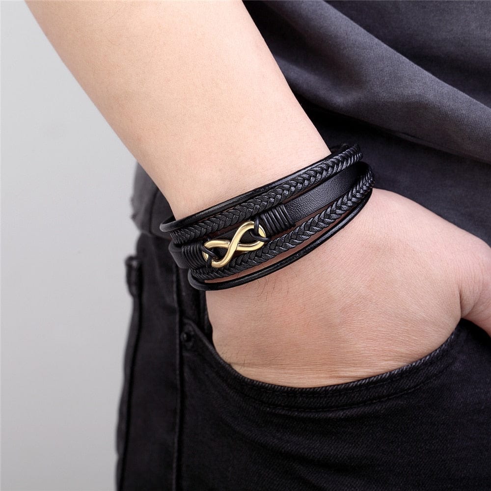 Bracelet Infini Homme en Cuir Véritable Acier Doré - Mon Bracelet Homme