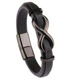 Bracelet Infini Noir en Cuir et en Acier Inoxydable