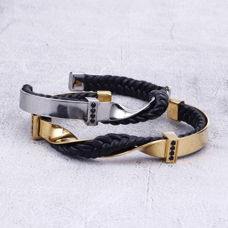 Bracelet Jonc Homme Cuir tressé en Acier - Mon Bracelet Homme