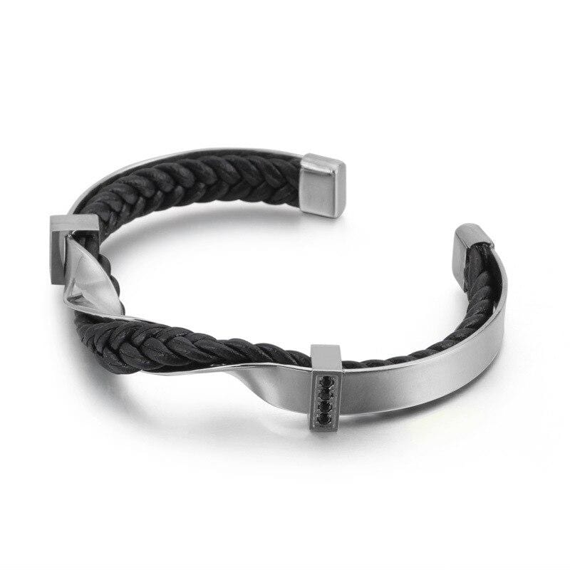 Bracelet Jonc Homme Cuir tressé en Acier - Mon Bracelet Homme
