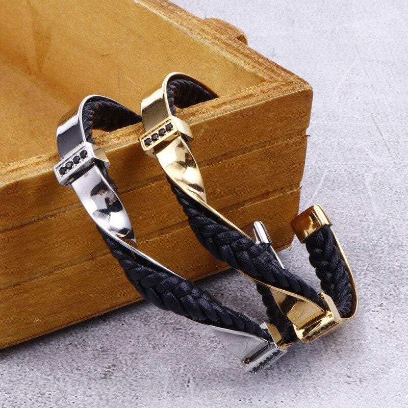 Bracelet Jonc Homme Cuir tressé en Acier - Mon Bracelet Homme