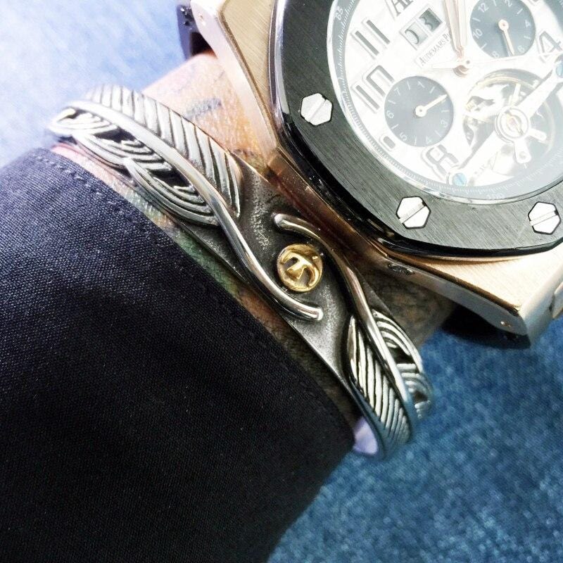 Bracelet Jonc Homme Plume Argentée en Acier - Mon Bracelet Homme
