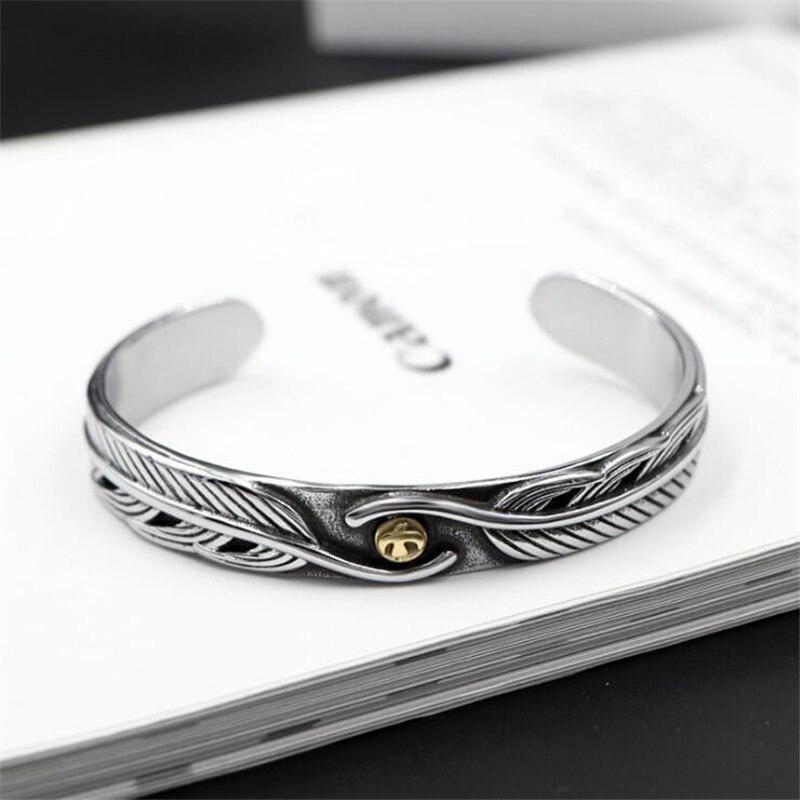 Bracelet Jonc Homme Plume Argentée en Acier - Mon Bracelet Homme