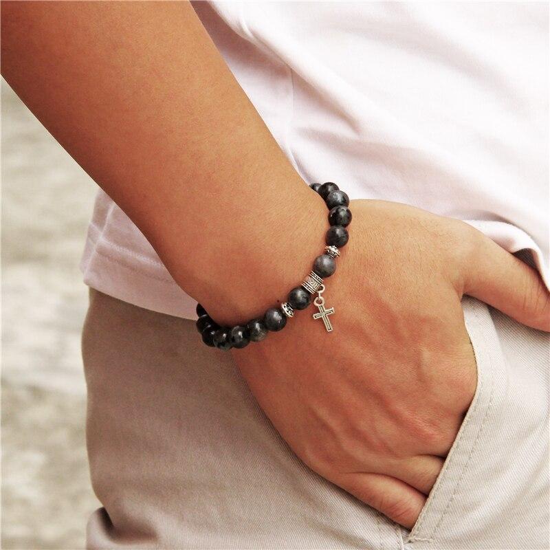 Bracelet Labradorite Croix pour Homme en Perles - Mon Bracelet Homme