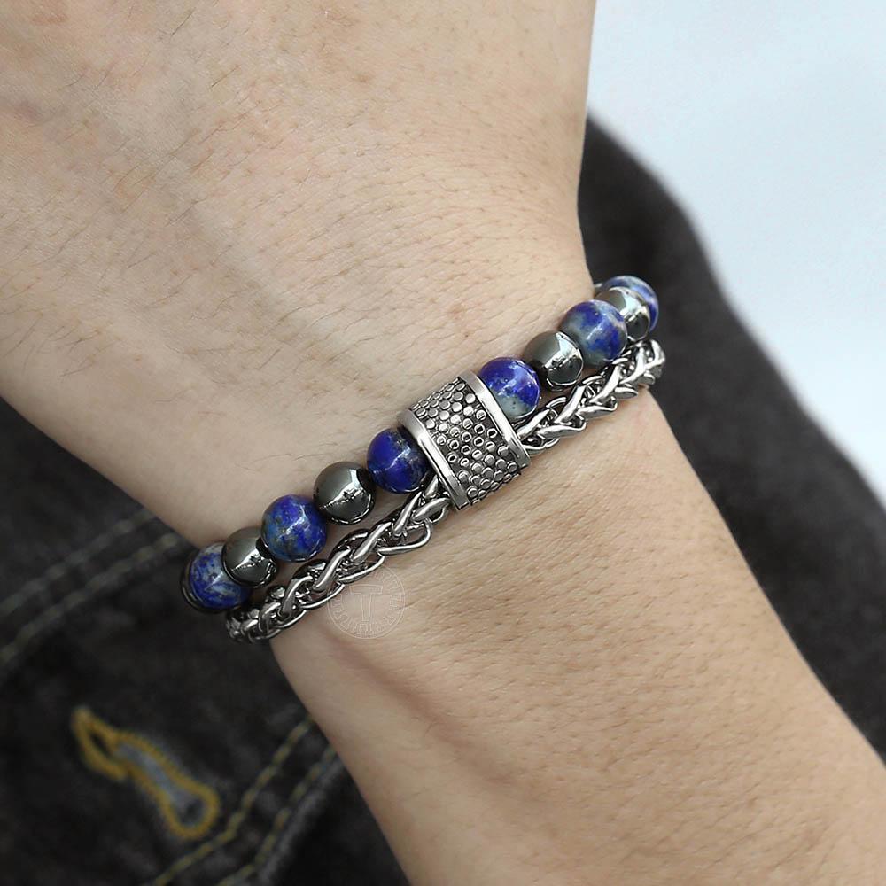 Bracelet Lapis Lazuli en Hématite et en Acier Homme (Perle) - Mon Bracelet Homme