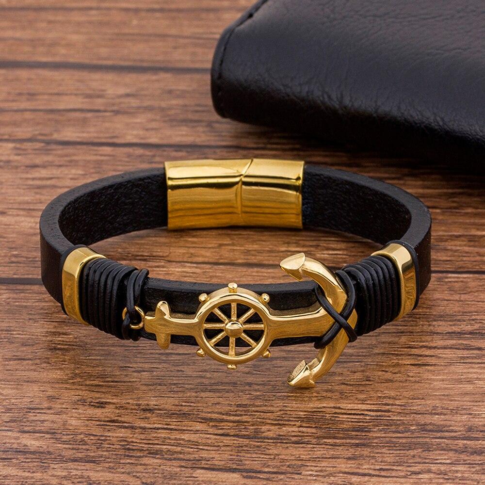 Bracelet Marin Ancre Couleur Or en Cuir - Mon Bracelet Homme