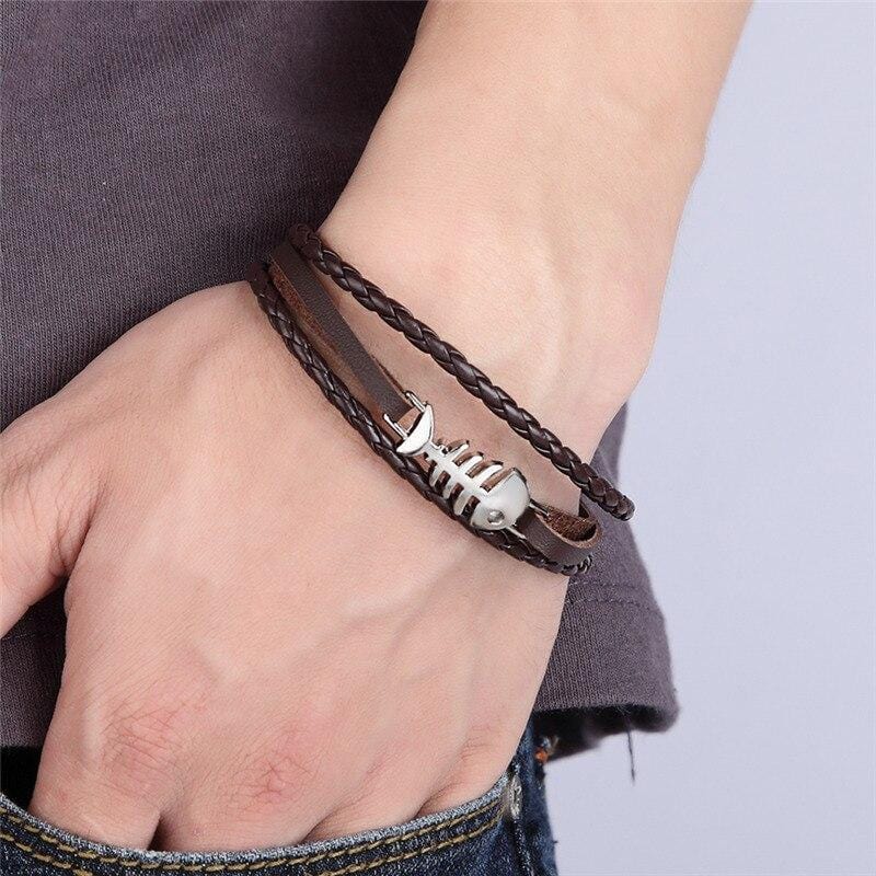 Bracelet Marin Arête de Poisson en Cuir - Mon Bracelet Homme