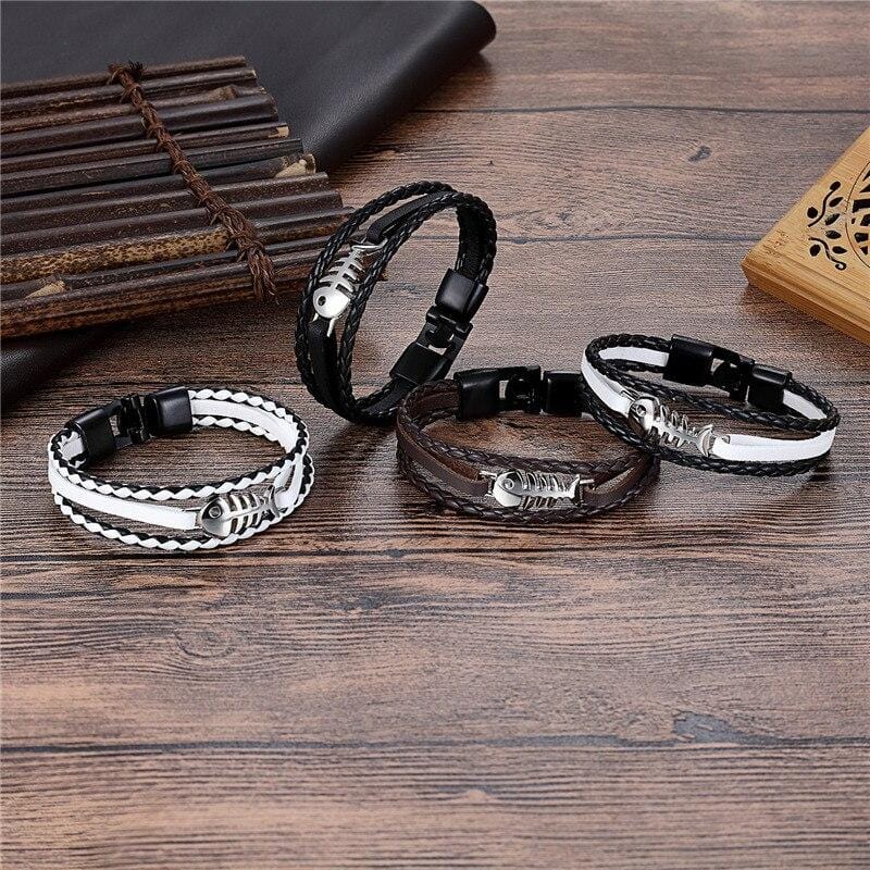 Bracelet Marin Arête de Poisson en Cuir - Mon Bracelet Homme