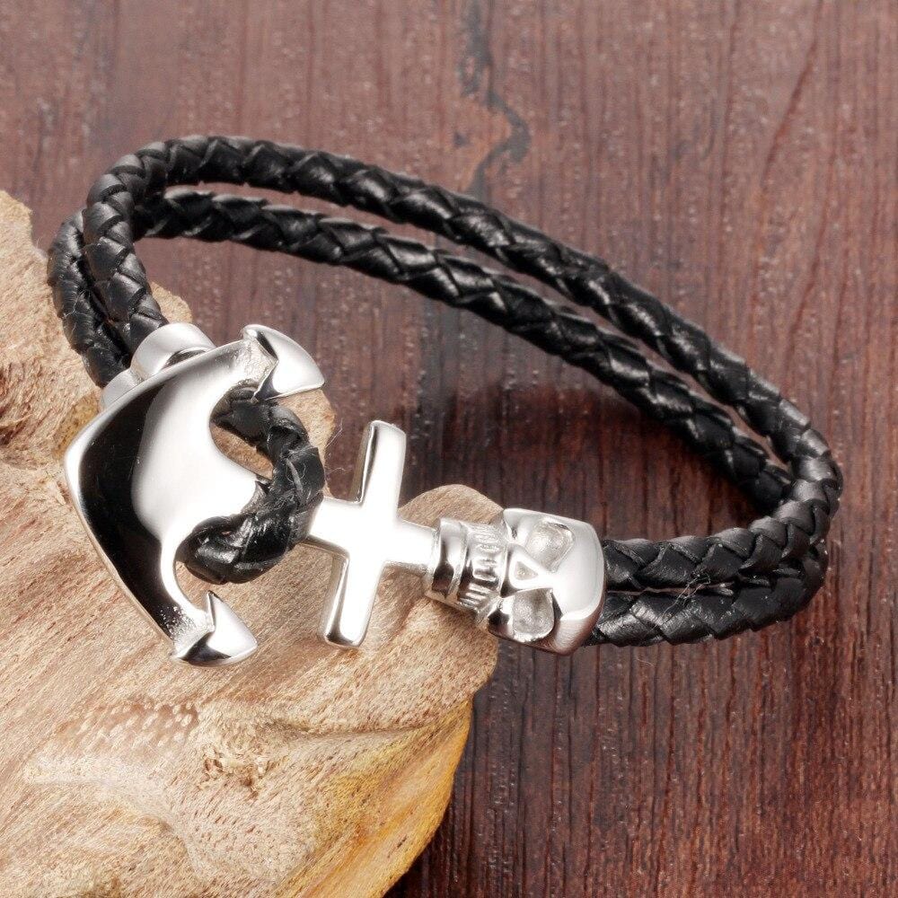 Bracelet Marin avec Ancre et Crâne en Cuir - Mon Bracelet Homme