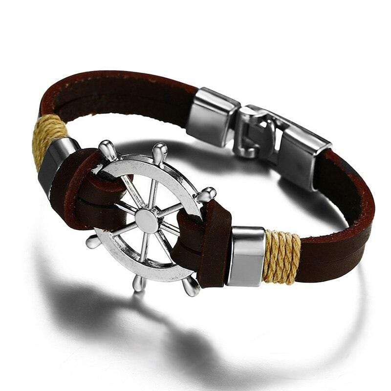 Bracelet Marin avec Gouvernail en Cuir - Mon Bracelet Homme