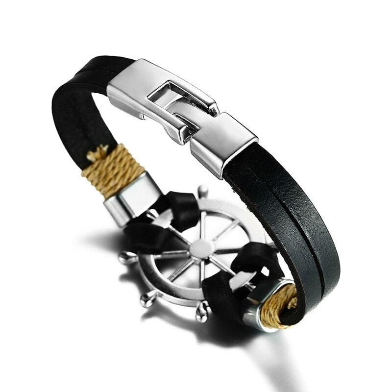 Bracelet Marin avec Gouvernail en Cuir - Mon Bracelet Homme