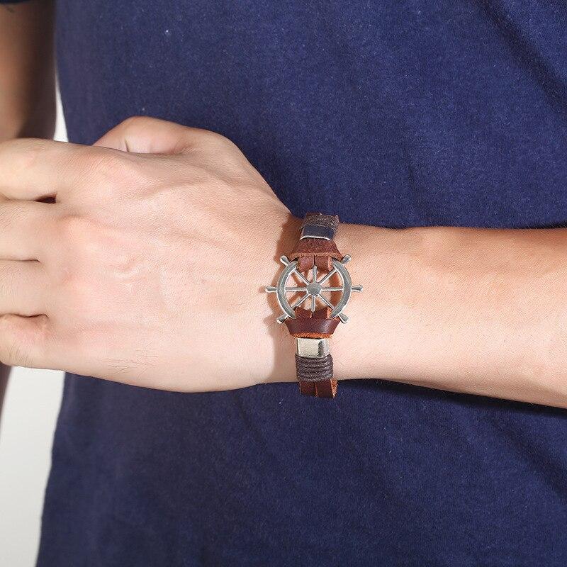 Bracelet Marin Homme Gouvernail Argenté en Cuir - Mon Bracelet Homme