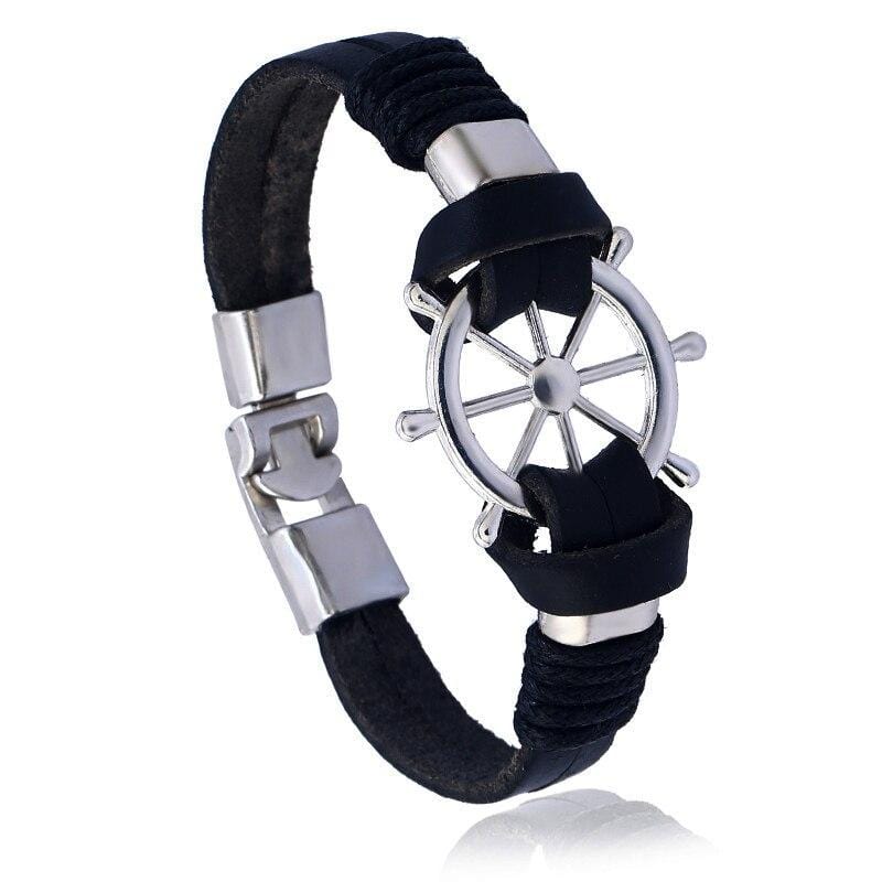 Bracelet Marin Homme Gouvernail Argenté en Cuir - Mon Bracelet Homme