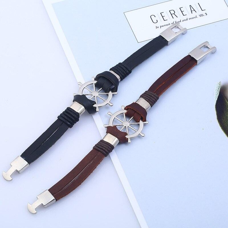 Bracelet Marin Homme Gouvernail Argenté en Cuir - Mon Bracelet Homme