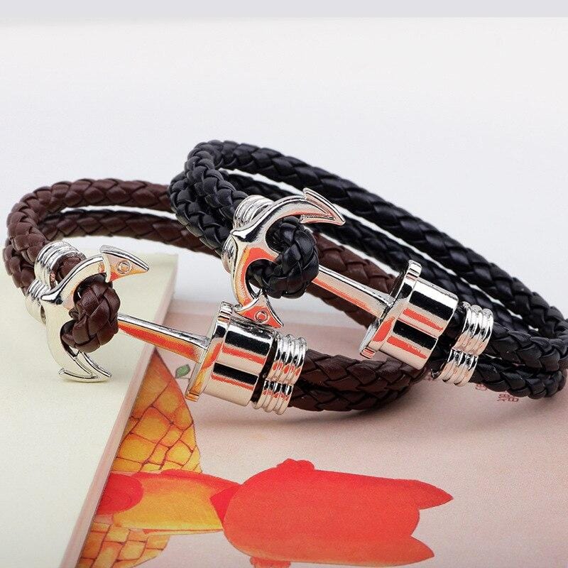Bracelet Marin Homme Marron avec Ancre en Cuir - Mon Bracelet Homme