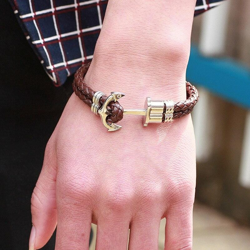 Bracelet Marin Homme Marron avec Ancre en Cuir - Mon Bracelet Homme